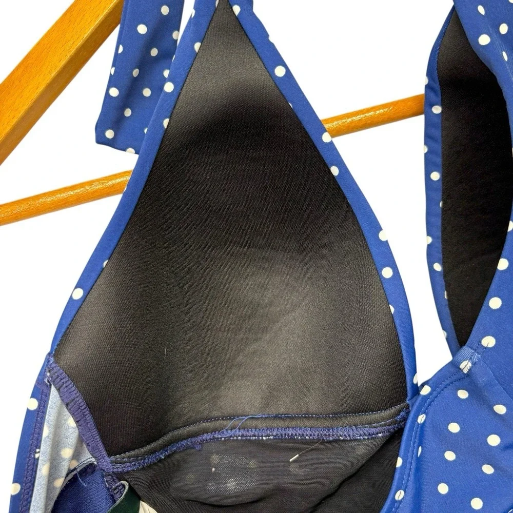 Lauren Ralph Lauren Womens Swimsuit 8 Blue Polka Dot One Piece Halter Ruched